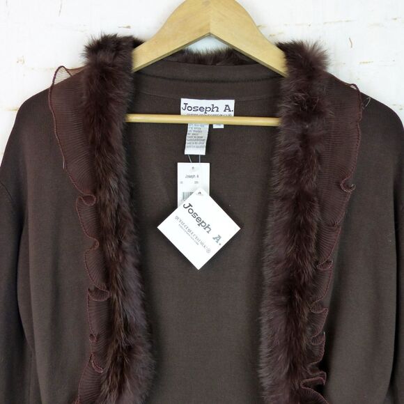 VTG Joseph A. Cardigan Women XL Brown Silk Blend Faux Fur Trim Crop Sweater Y2K - Picture 4 of 13
